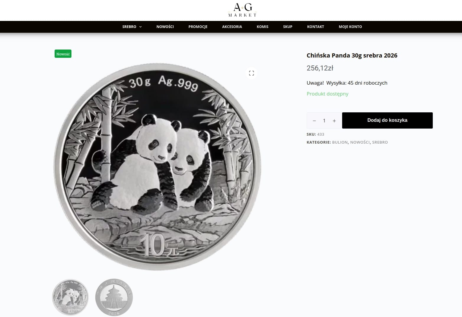 Strona produktu z dużym zdjęciem monety inwestycyjnej