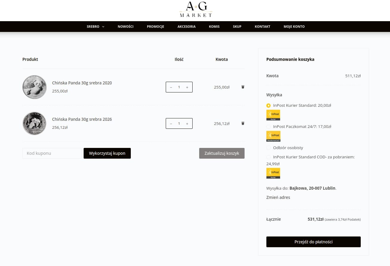 Strona koszyka AGMarket z widocznym podsumowaniem zamówienia