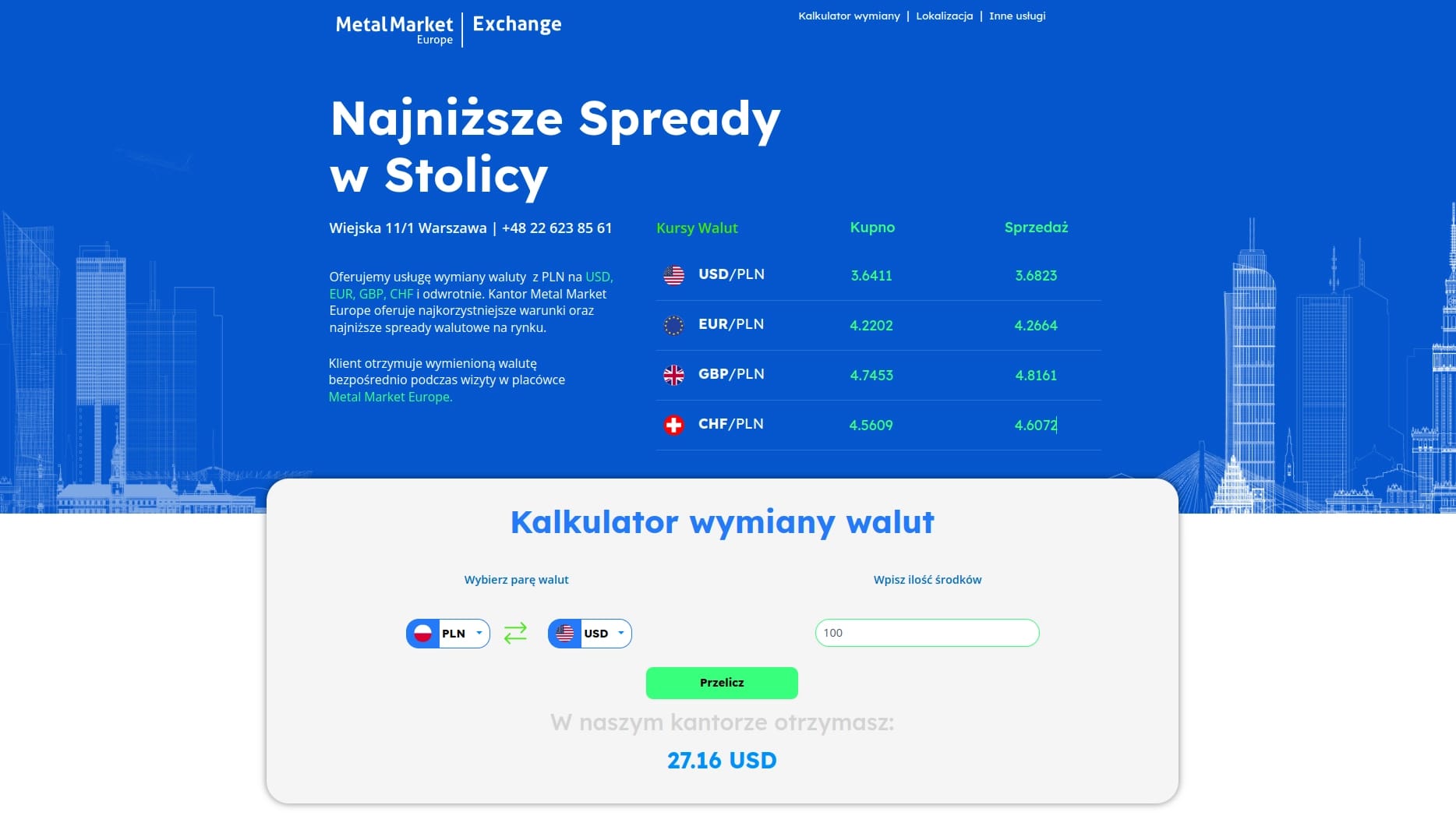 Strona z ofertą kantoru Wiejska z widoczną tabelą kursów walut