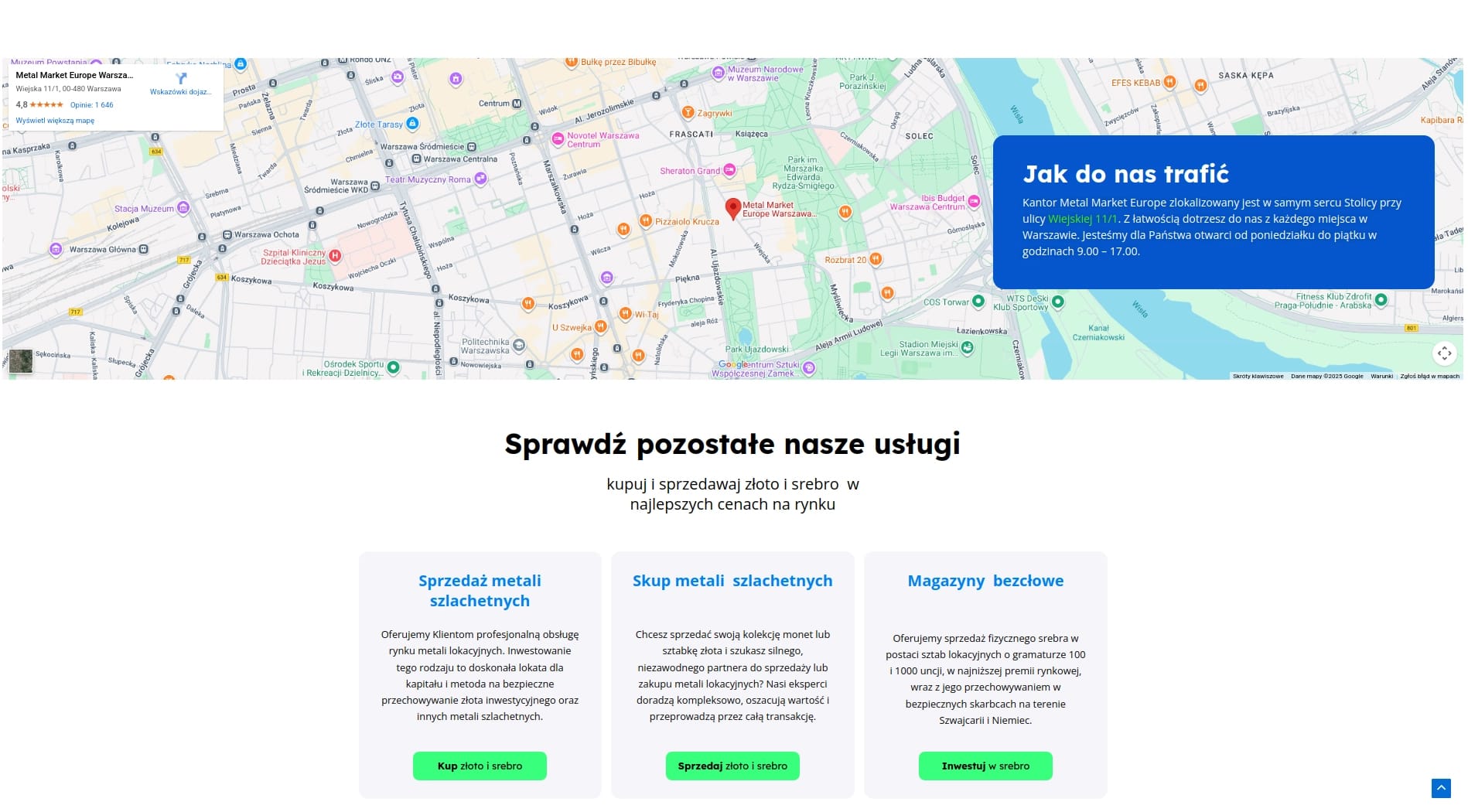Sekcja informacji o kantorze z lokalizacją na mapie oraz pozostałymi usługami