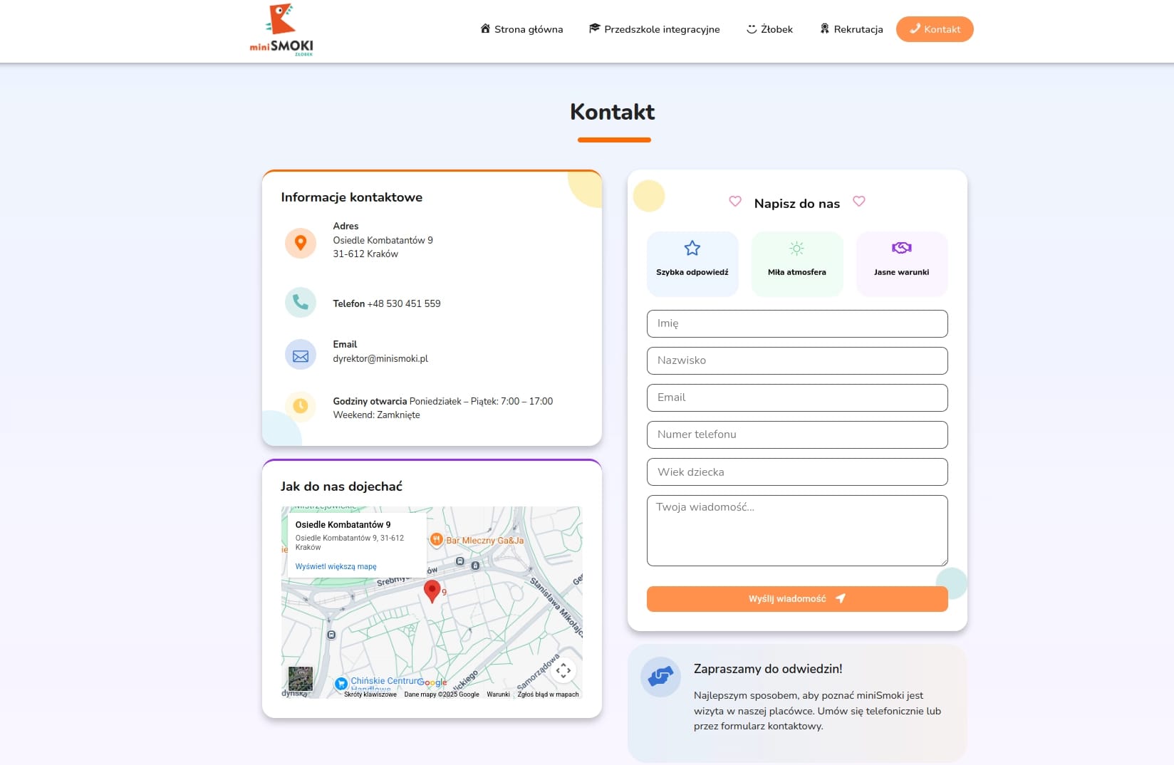 Kontakt z lokalizacją miniSmoki na mapie oraz pastelowymi animacjami w tle