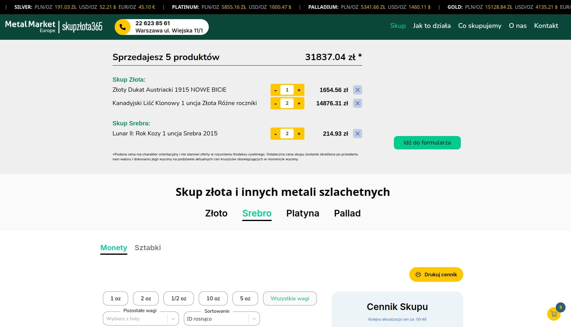 Strona główna serwisu SkupZłota365 z widocznym formularzem ofertowym